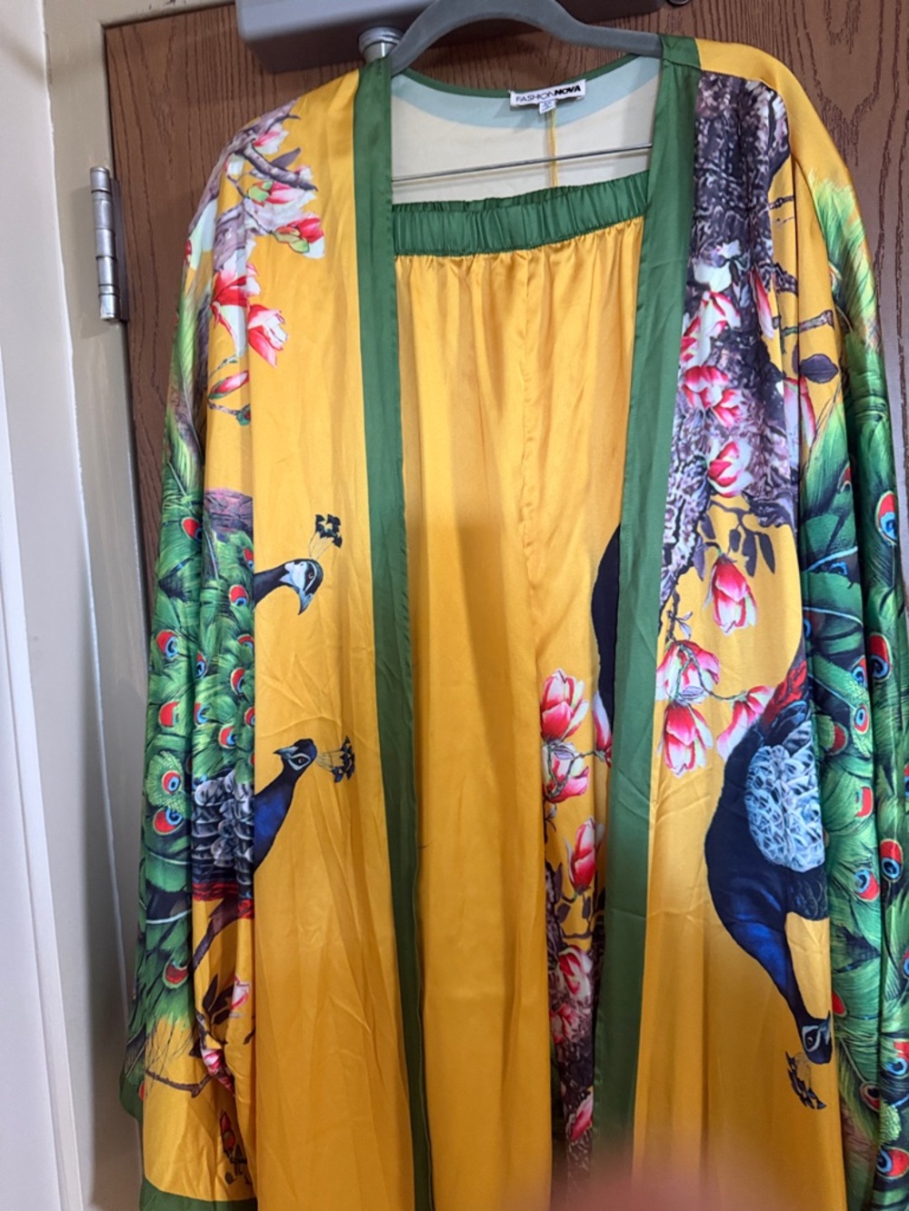Vibrant Yellow Peacock Print Kimono with pants this is a set 
fashion nova